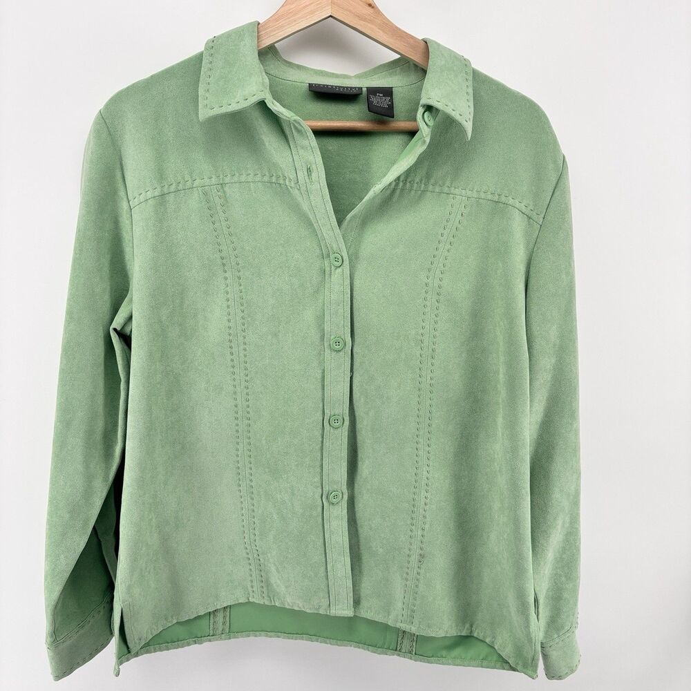 Relativity Petite PM Green Faux Suede Button Up Shirt Jacket